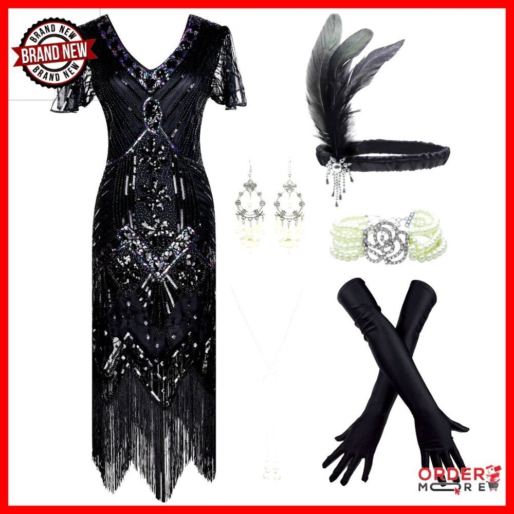 Vintage Sequin Flapper Dress with 1920s Accessories Set for Gatsby Party